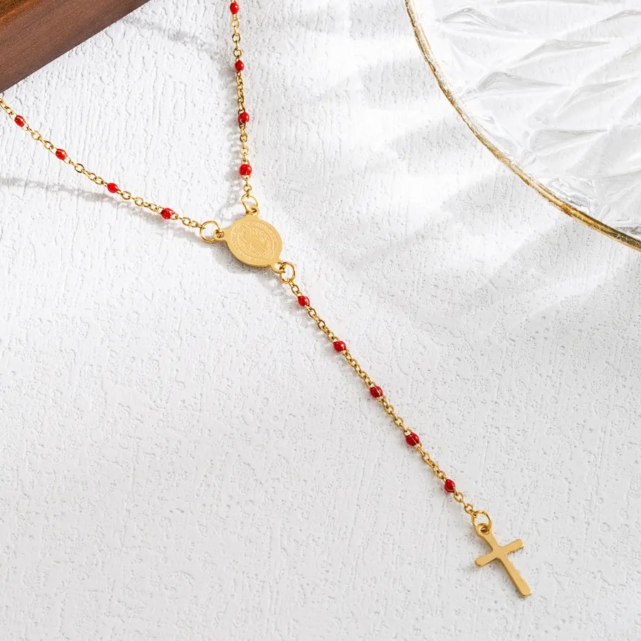 Elegant Classical Cross Virgin Mary Priest Stainless Steel Beaded Plating 18K Gold Plated Necklace_colorza_3