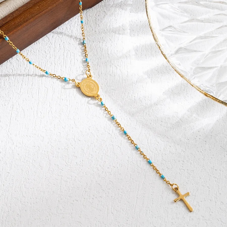 Elegant Classical Cross Virgin Mary Priest Stainless Steel Beaded Plating 18K Gold Plated Necklace_colorza_4