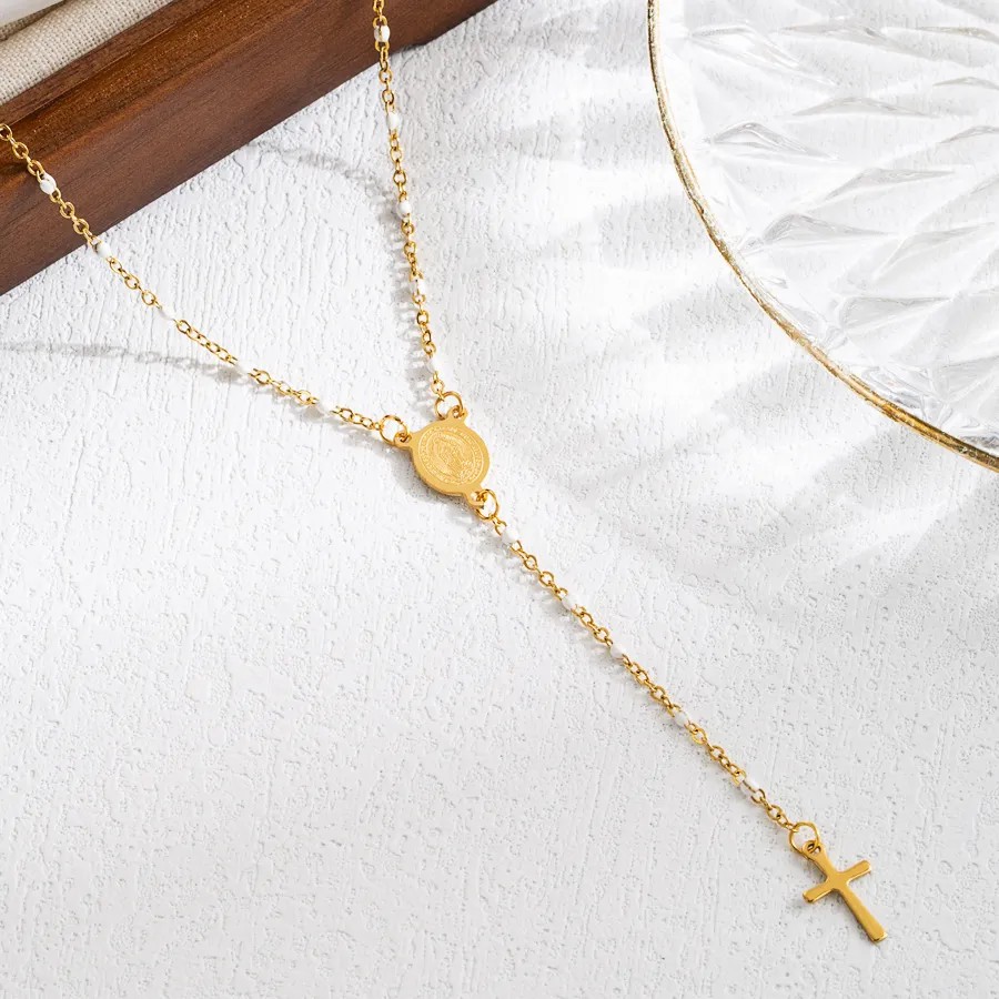 Elegant Classical Cross Virgin Mary Priest Stainless Steel Beaded Plating 18K Gold Plated Necklace_colorza_5