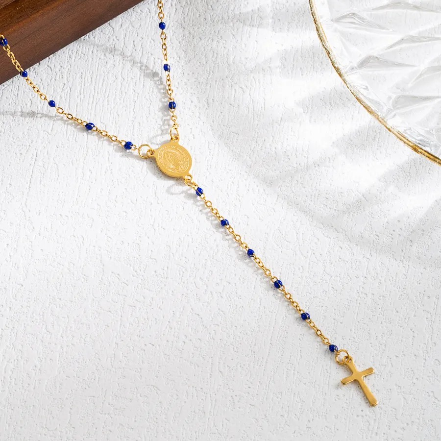 Elegant Classical Cross Virgin Mary Priest Stainless Steel Beaded Plating 18K Gold Plated Necklace_colorza_6
