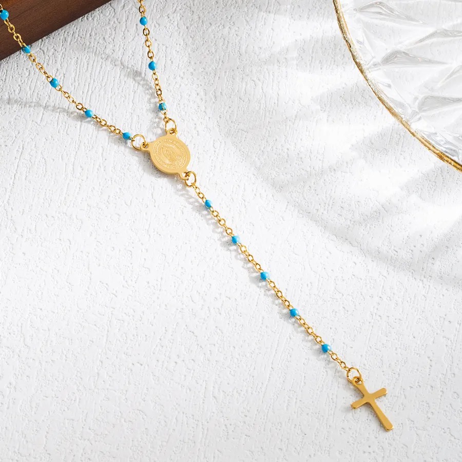 Elegant Classical Cross Virgin Mary Priest Stainless Steel Beaded Plating 18K Gold Plated Necklace_colorza_8