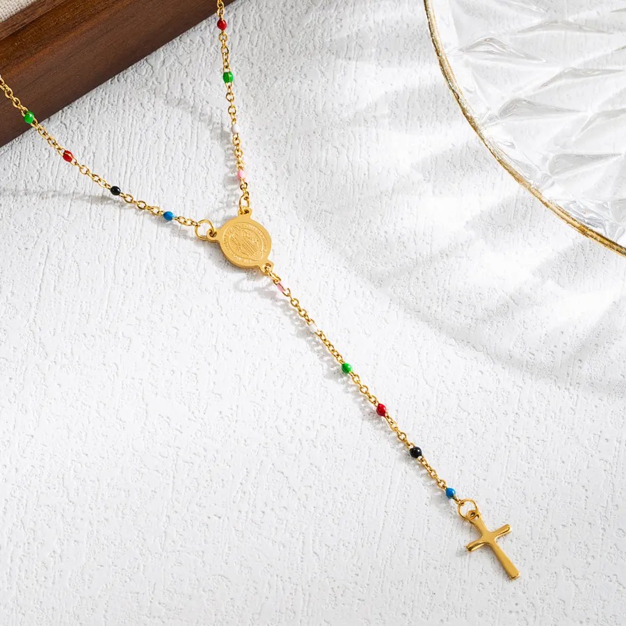 Elegant Classical Cross Virgin Mary Priest Stainless Steel Beaded Plating 18K Gold Plated Necklace_colorza_9