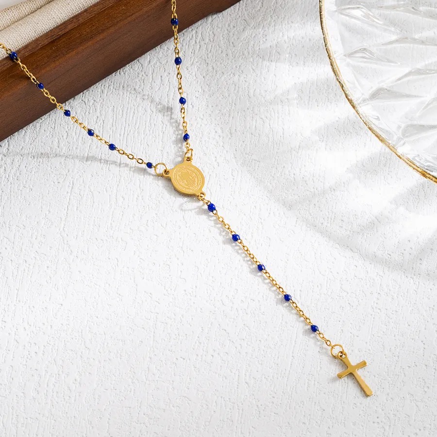 Elegant Classical Cross Virgin Mary Priest Stainless Steel Beaded Plating 18K Gold Plated Necklace_colorza_10
