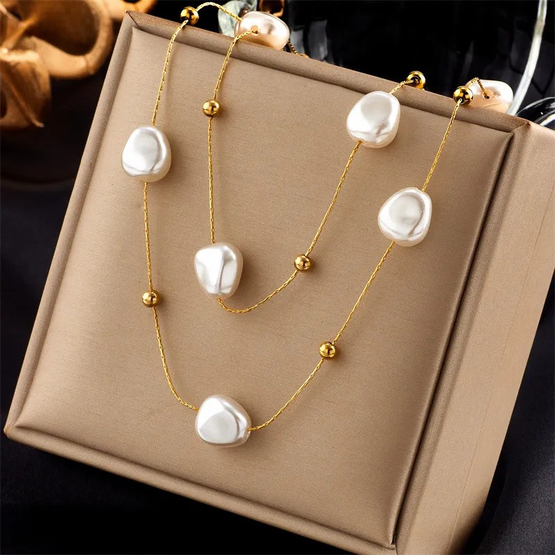 INS Style Casual Irregular Titanium Steel Pearl Plating 18K Gold Plated Layered Necklaces_colorza_1