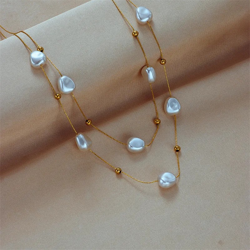 INS Style Casual Irregular Titanium Steel Pearl Plating 18K Gold Plated Layered Necklaces_colorza_2