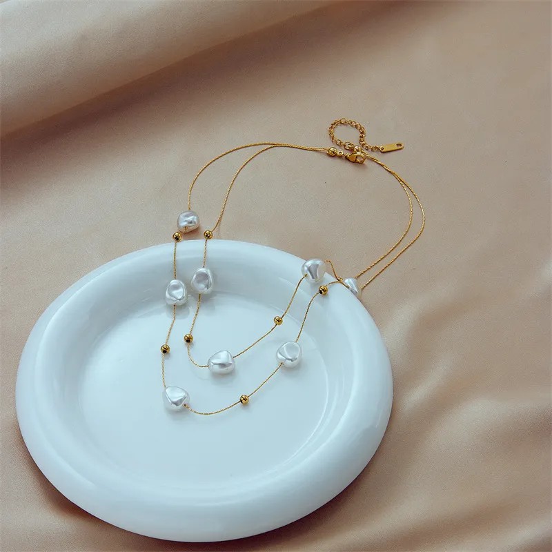 INS Style Casual Irregular Titanium Steel Pearl Plating 18K Gold Plated Layered Necklaces_colorza_3
