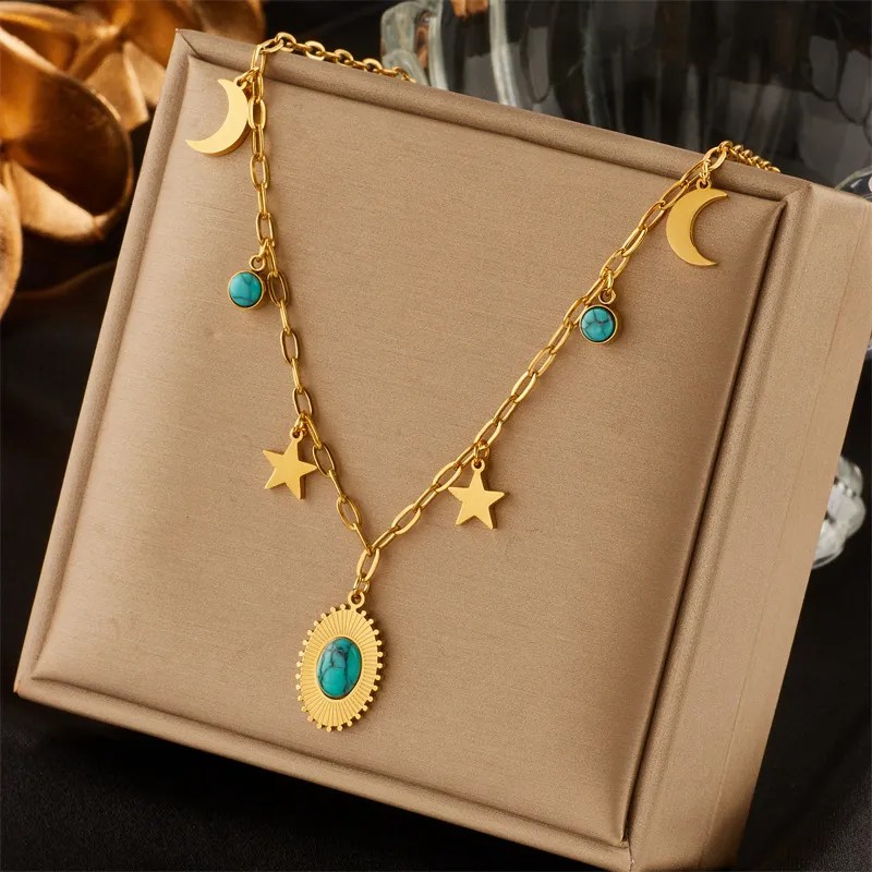 Vintage Style Simple Style Pentagram Moon Oval Titanium Steel Plating Inlay Turquoise 18K Gold Plated Pendant Necklace_colorza_1