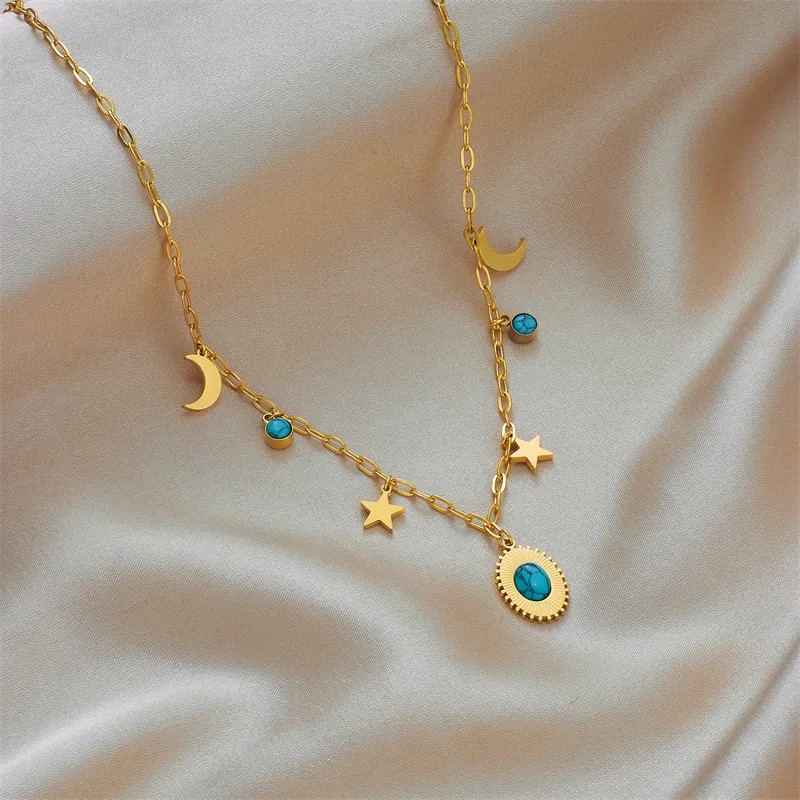 Vintage Style Simple Style Pentagram Moon Oval Titanium Steel Plating Inlay Turquoise 18K Gold Plated Pendant Necklace_colorza_2