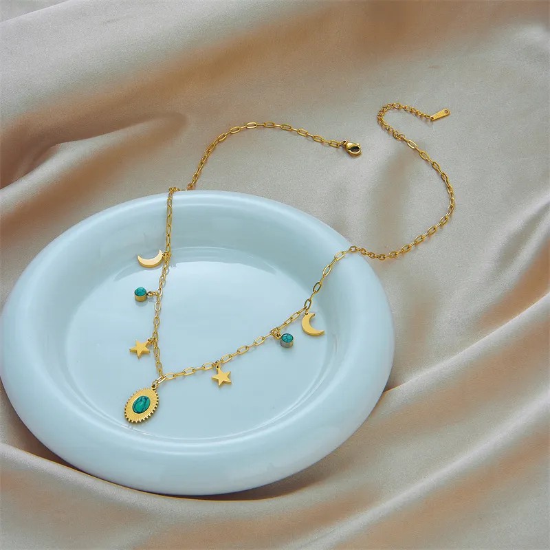Vintage Style Simple Style Pentagram Moon Oval Titanium Steel Plating Inlay Turquoise 18K Gold Plated Pendant Necklace_colorza_3