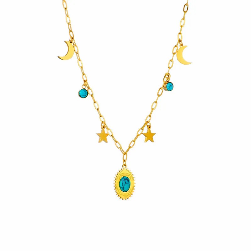 Vintage Style Simple Style Pentagram Moon Oval Titanium Steel Plating Inlay Turquoise 18K Gold Plated Pendant Necklace_colorza_4