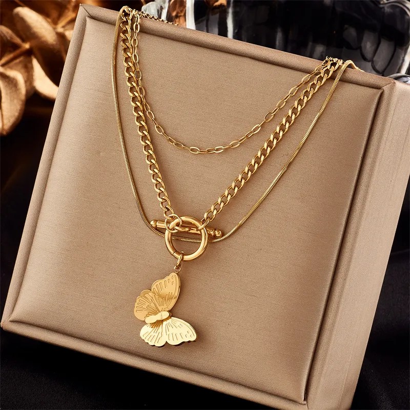 INS Style Casual Butterfly Titanium Steel Layered Plating 18K Gold Plated Layered Necklaces_colorza_1