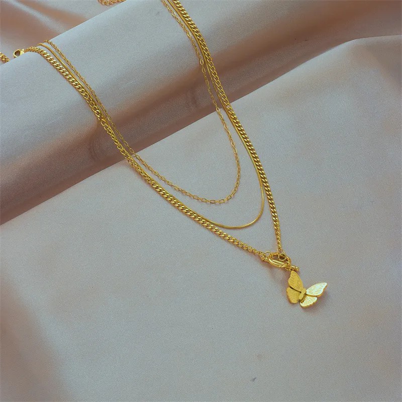 INS Style Casual Butterfly Titanium Steel Layered Plating 18K Gold Plated Layered Necklaces_colorza_2