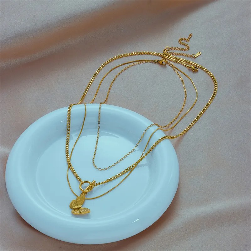 INS Style Casual Butterfly Titanium Steel Layered Plating 18K Gold Plated Layered Necklaces_colorza_3