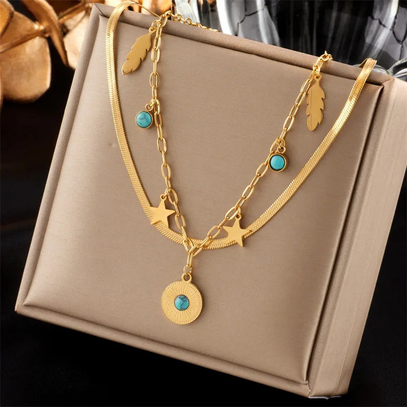 Vintage Style Pentagram Round Leaves Titanium Steel Enamel Plating Inlay Turquoise 18K Gold Plated Layered Necklaces_colorza_1