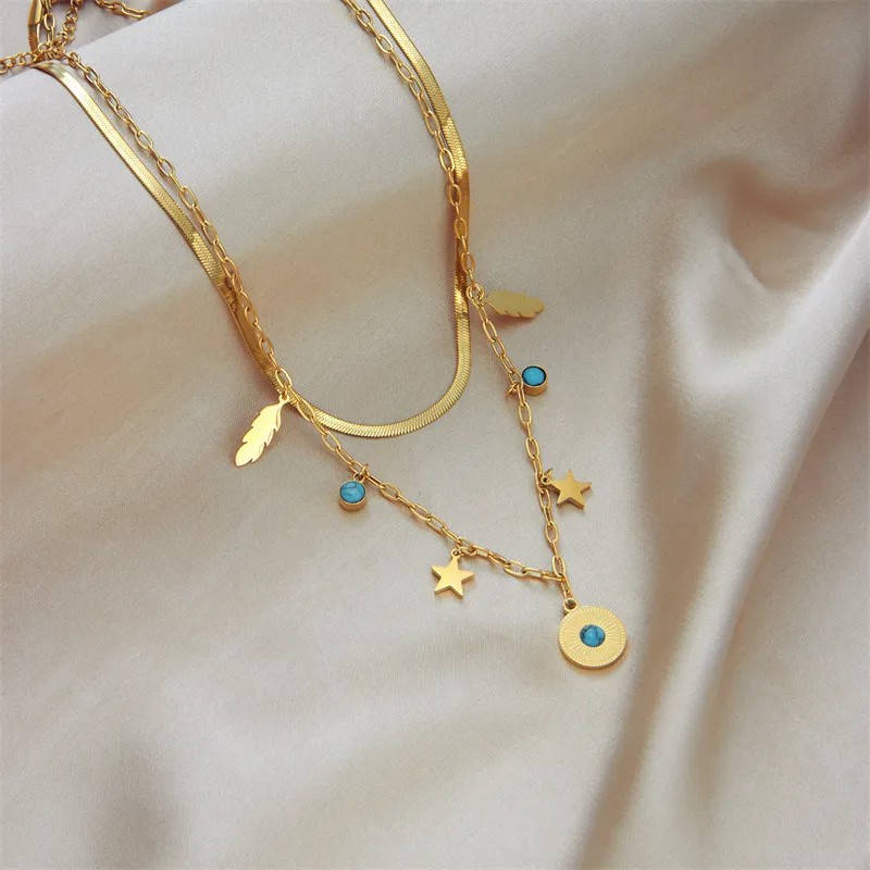 Vintage Style Pentagram Round Leaves Titanium Steel Enamel Plating Inlay Turquoise 18K Gold Plated Layered Necklaces_colorza_2