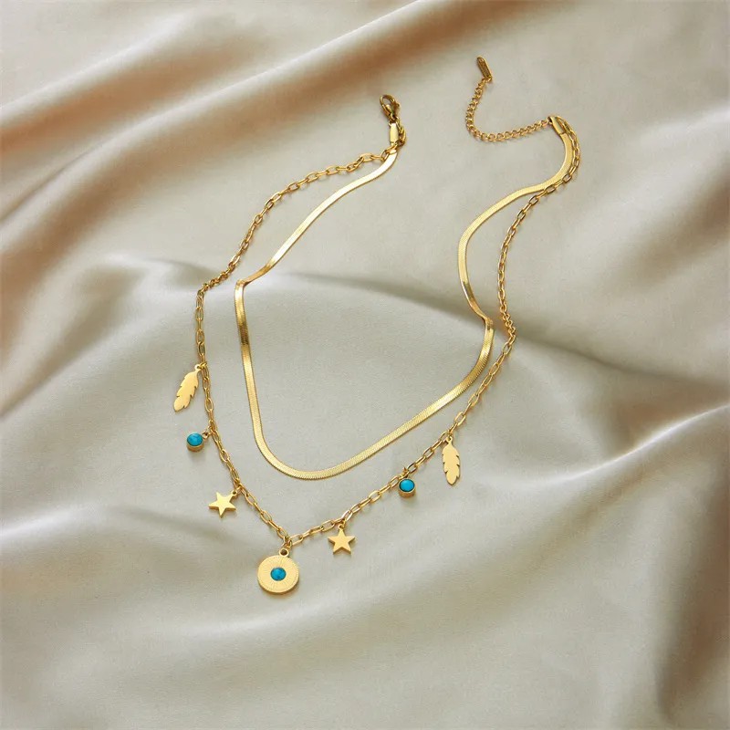 Vintage Style Pentagram Round Leaves Titanium Steel Enamel Plating Inlay Turquoise 18K Gold Plated Layered Necklaces_colorza_3