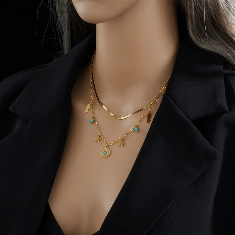 Vintage Style Pentagram Round Leaves Titanium Steel Enamel Plating Inlay Turquoise 18K Gold Plated Layered Necklaces_colorza_5