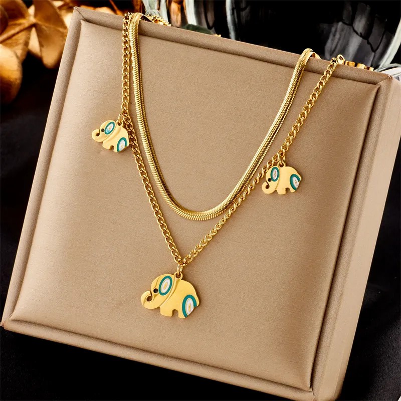 Retro Elephant Titanium Steel Enamel Plating 18K Gold Plated Pendant Necklace_colorza_1