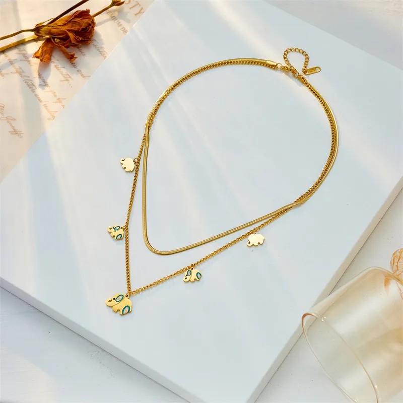 Retro Elephant Titanium Steel Enamel Plating 18K Gold Plated Pendant Necklace_colorza_3