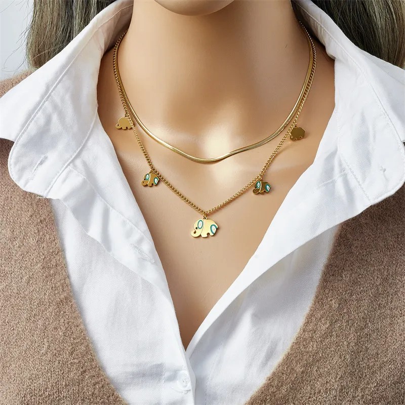 Retro Elephant Titanium Steel Enamel Plating 18K Gold Plated Pendant Necklace_colorza_5