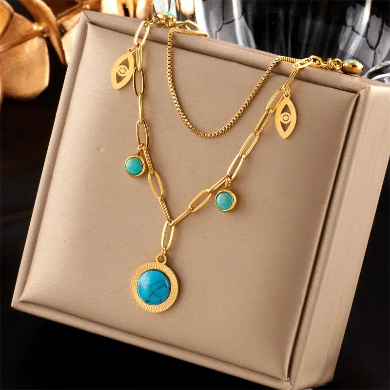 Vintage Style Round Eye Titanium Steel Enamel Plating Inlay Turquoise 18K Gold Plated Layered Necklaces_colorza_1
