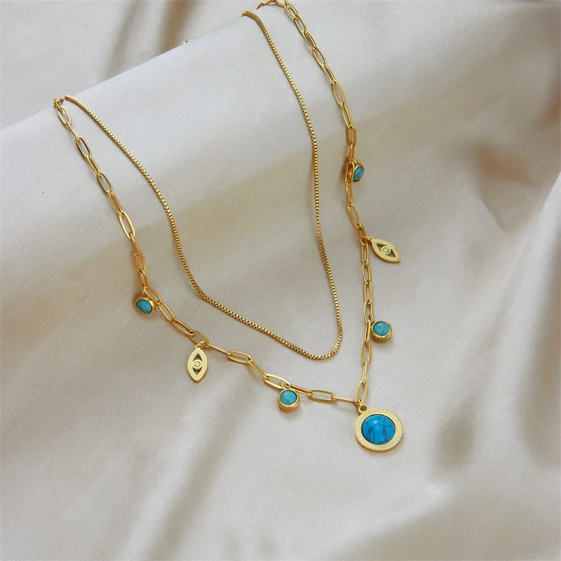 Vintage Style Round Eye Titanium Steel Enamel Plating Inlay Turquoise 18K Gold Plated Layered Necklaces_colorza_2