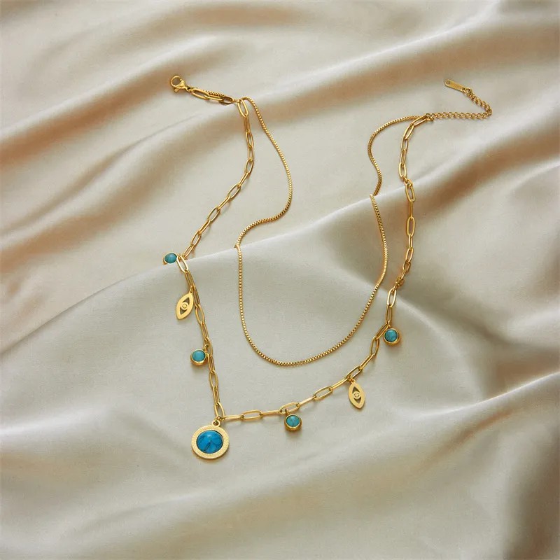 Vintage Style Round Eye Titanium Steel Enamel Plating Inlay Turquoise 18K Gold Plated Layered Necklaces_colorza_3