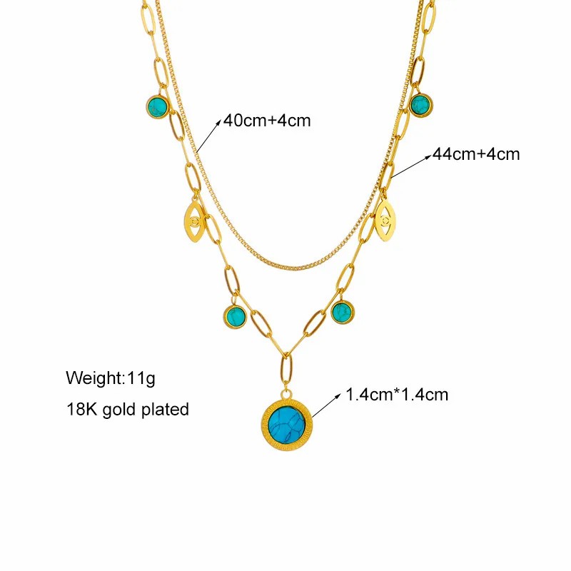 Vintage Style Round Eye Titanium Steel Enamel Plating Inlay Turquoise 18K Gold Plated Layered Necklaces_colorza_4