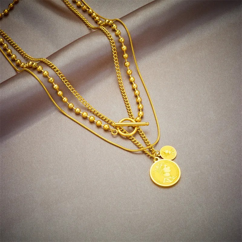 Retro Portrait Round Titanium Steel Plating 18K Gold Plated Layered Necklaces_colorza_2