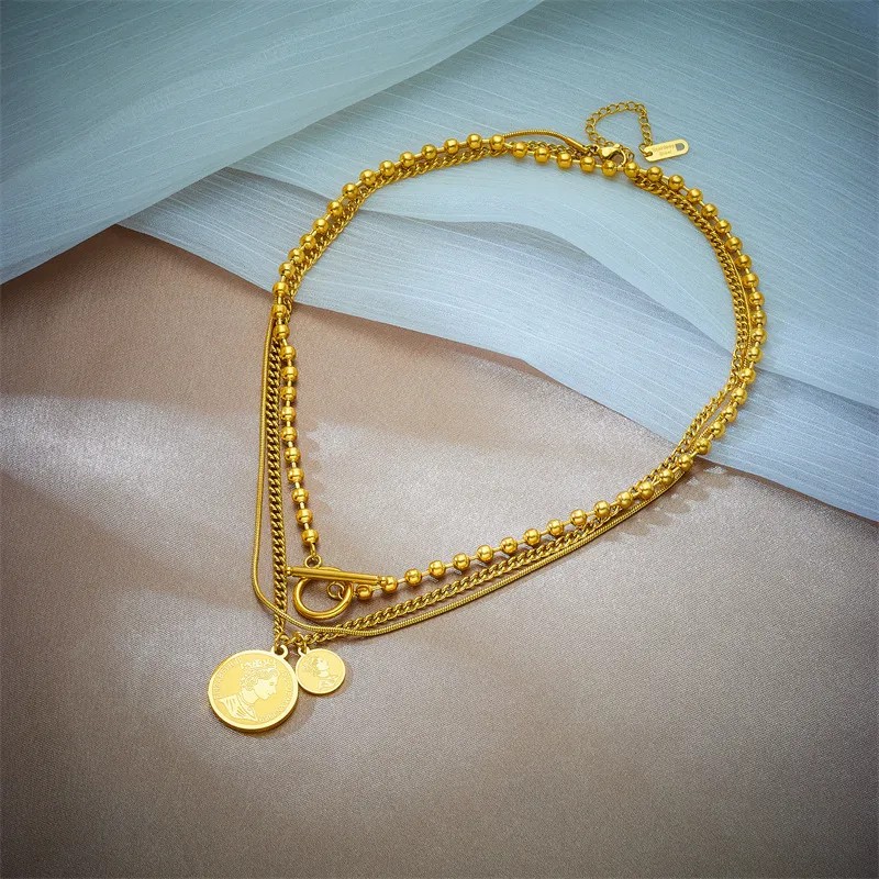 Retro Portrait Round Titanium Steel Plating 18K Gold Plated Layered Necklaces_colorza_3