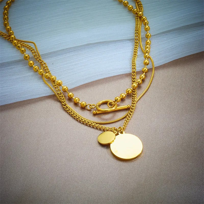 Retro Portrait Round Titanium Steel Plating 18K Gold Plated Layered Necklaces_colorza_4