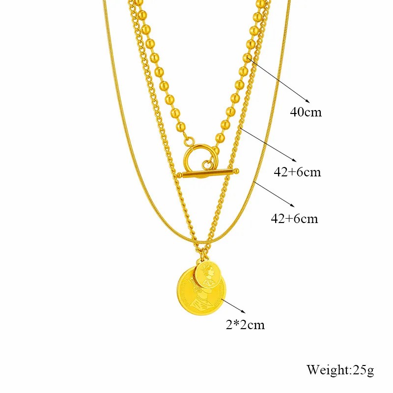 Retro Portrait Round Titanium Steel Plating 18K Gold Plated Layered Necklaces_colorza_5