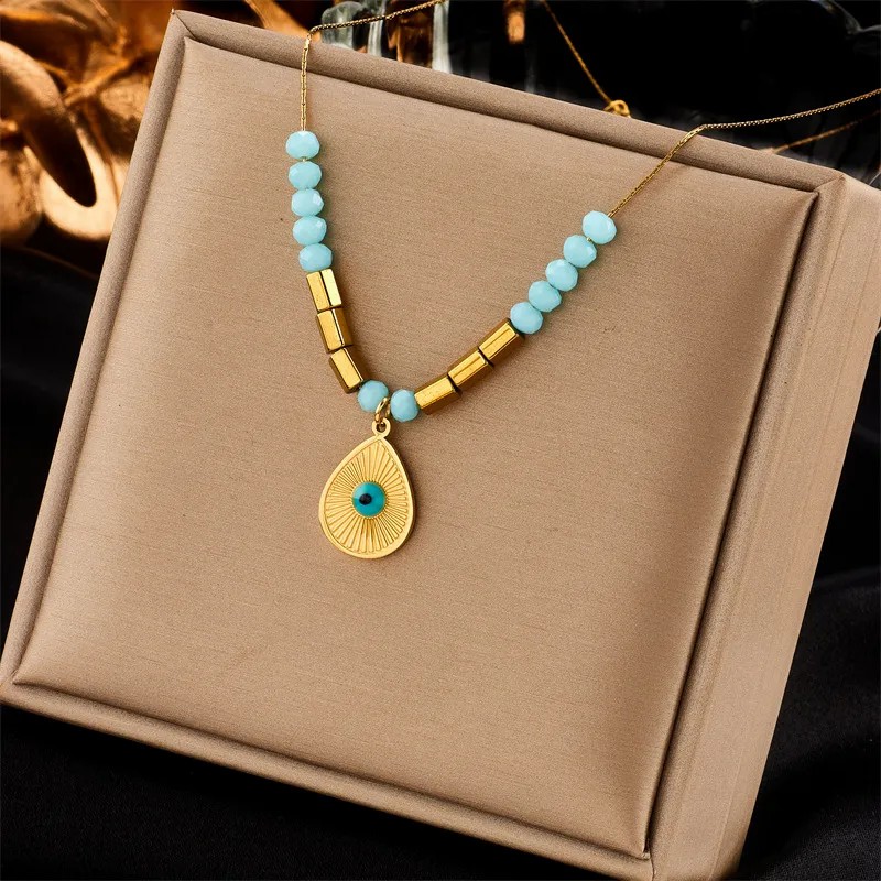 Casual Water Droplets Eye Titanium Steel Beaded Enamel Plating 18K Gold Plated Pendant Necklace_colorza_1