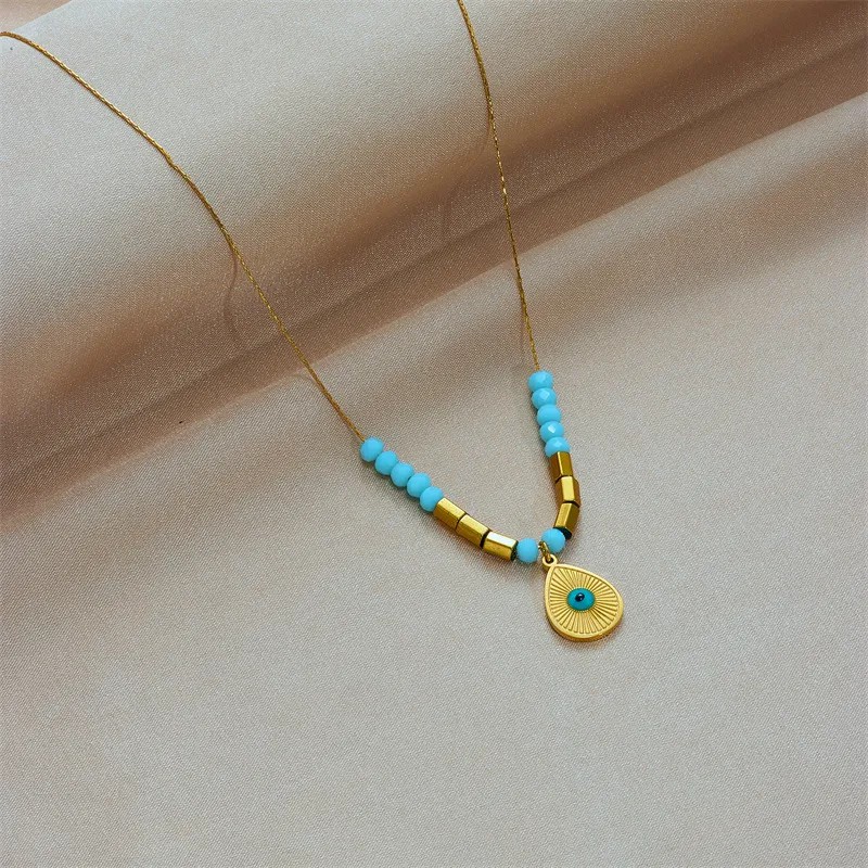 Casual Water Droplets Eye Titanium Steel Beaded Enamel Plating 18K Gold Plated Pendant Necklace_colorza_2