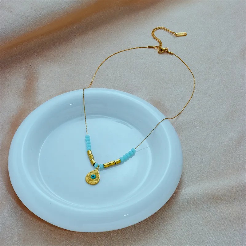 Casual Water Droplets Eye Titanium Steel Beaded Enamel Plating 18K Gold Plated Pendant Necklace_colorza_3