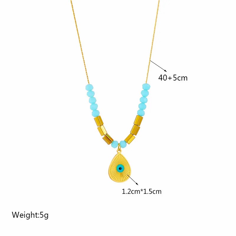 Casual Water Droplets Eye Titanium Steel Beaded Enamel Plating 18K Gold Plated Pendant Necklace_colorza_4