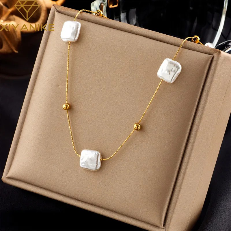 Baroque Style Square Artificial Pearl Titanium Steel Beaded Plating 18K Gold Plated Necklace_colorza_1