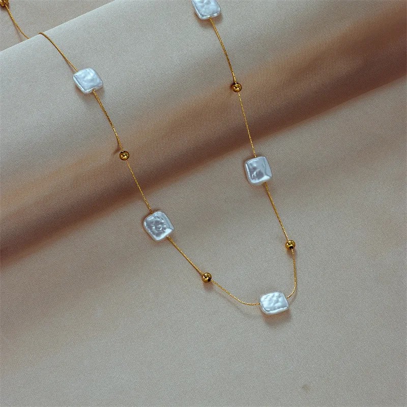 Baroque Style Square Artificial Pearl Titanium Steel Beaded Plating 18K Gold Plated Necklace_colorza_2