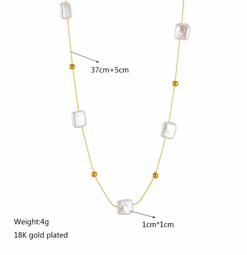Baroque Style Square Artificial Pearl Titanium Steel Beaded Plating 18K Gold Plated Necklace_colorza_4