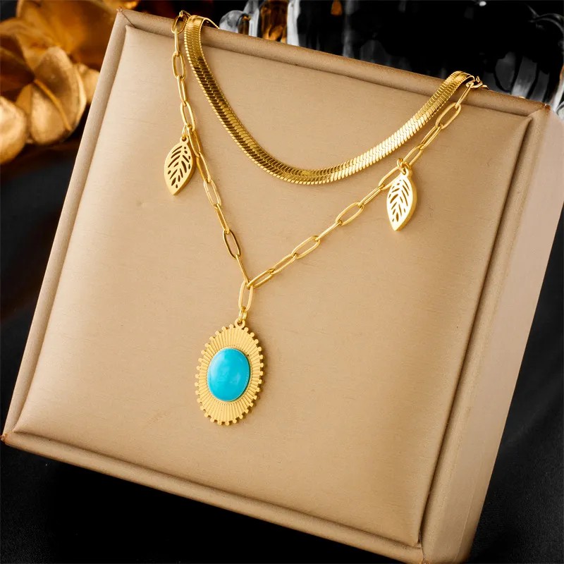 Vintage Style Leaves Titanium Steel Plating Hollow Out Inlay Turquoise 18K Gold Plated Layered Necklaces_colorza_1