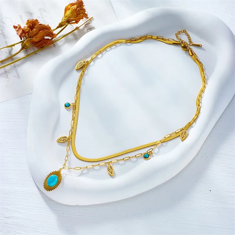 Vintage Style Leaves Titanium Steel Plating Hollow Out Inlay Turquoise 18K Gold Plated Layered Necklaces_colorza_2