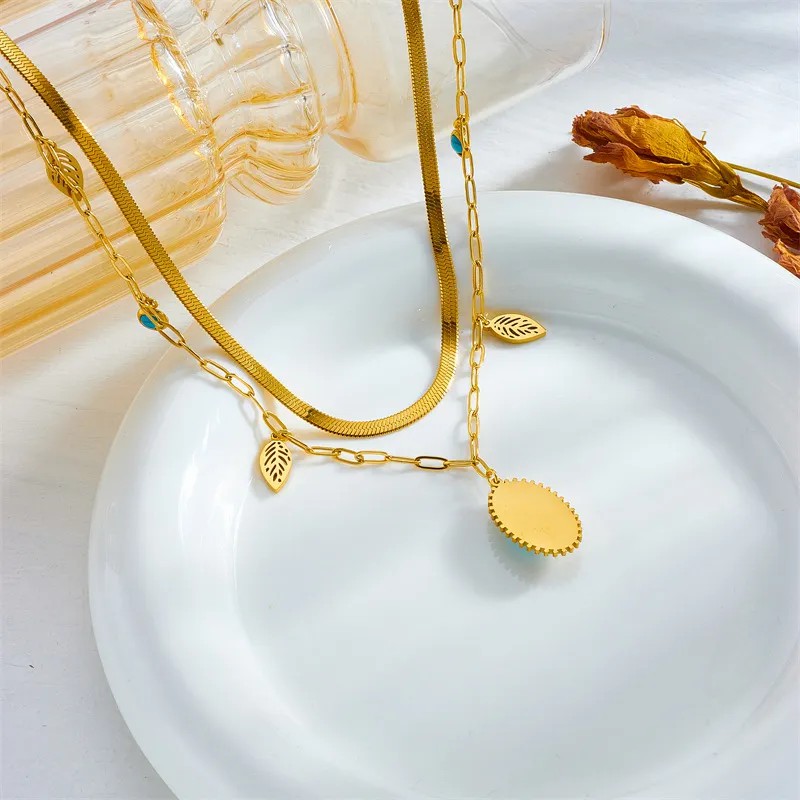 Vintage Style Leaves Titanium Steel Plating Hollow Out Inlay Turquoise 18K Gold Plated Layered Necklaces_colorza_3