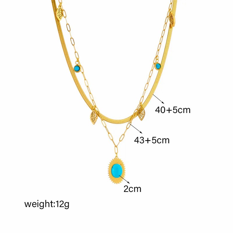 Vintage Style Leaves Titanium Steel Plating Hollow Out Inlay Turquoise 18K Gold Plated Layered Necklaces_colorza_4