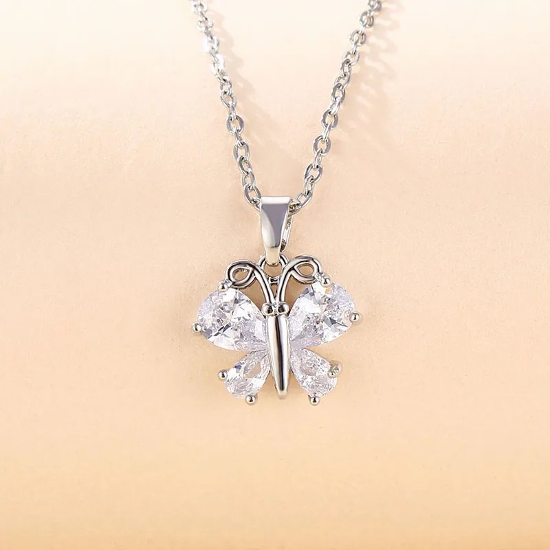 Elegant Round Flower Butterfly Stainless Steel Plating Inlay Zircon 18K Gold Plated Pendant Necklace_colorza_3