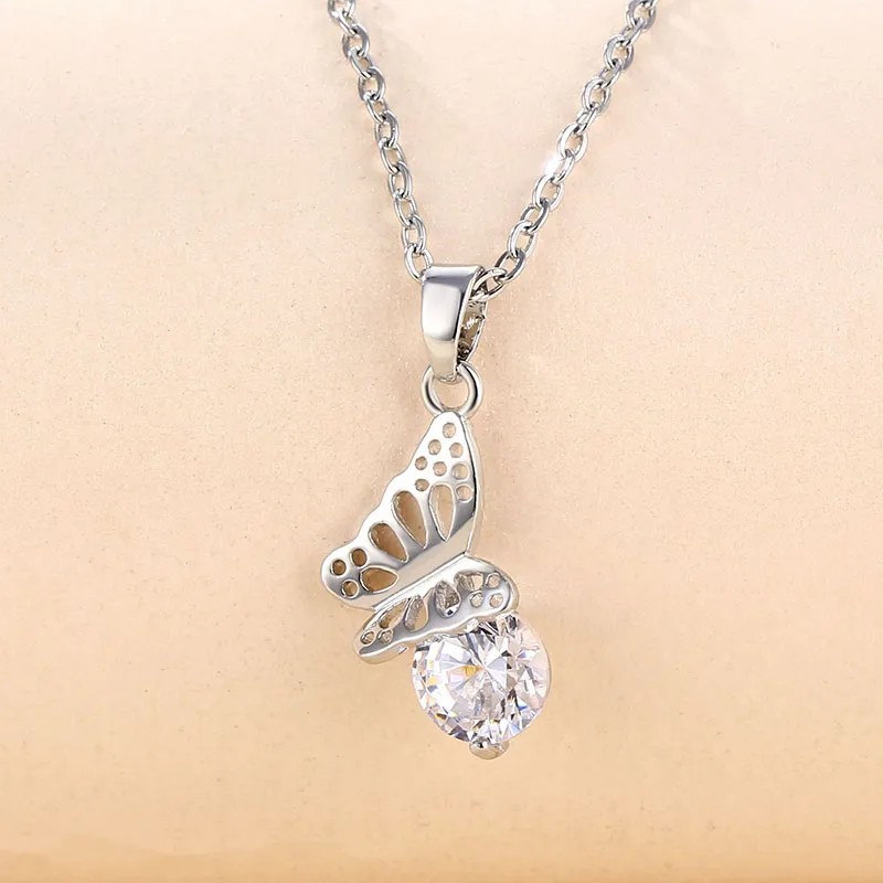 Elegant Round Flower Butterfly Stainless Steel Plating Inlay Zircon 18K Gold Plated Pendant Necklace_colorza_12