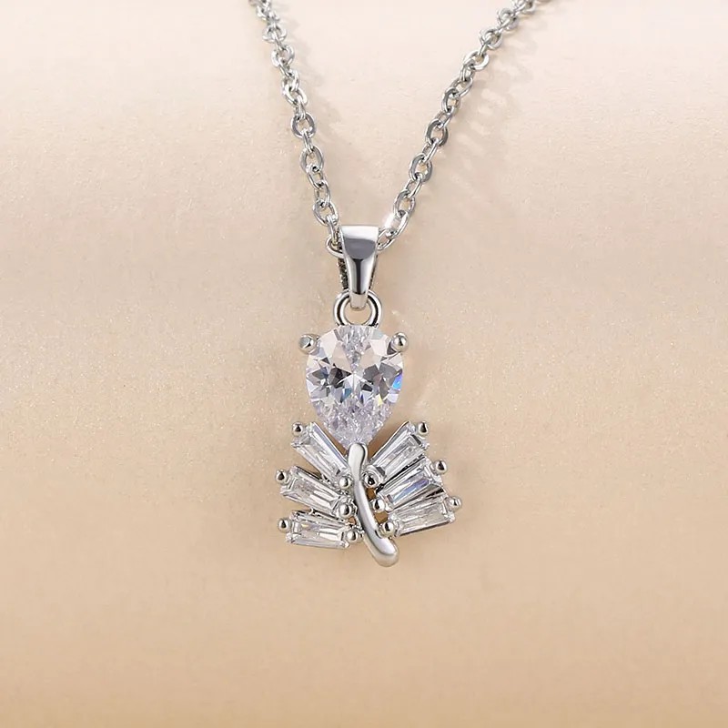 Elegant Leaf Stainless Steel Plating Inlay Zircon 18K Gold Plated Pendant Necklace_colorza_1