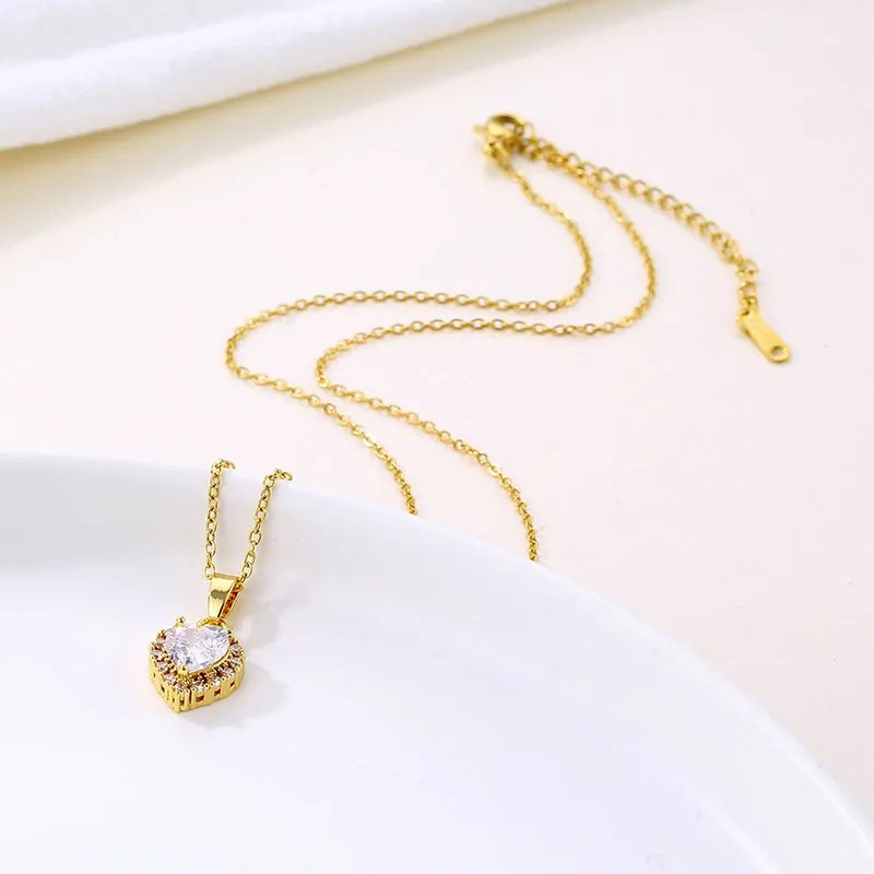 Elegant Heart Shape Stainless Steel Plating Inlay Zircon 18K Gold Plated Pendant Necklace_colorza_1