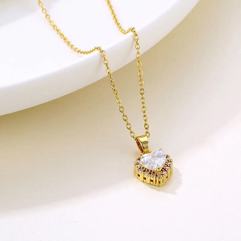 Elegant Heart Shape Stainless Steel Plating Inlay Zircon 18K Gold Plated Pendant Necklace_colorza_2