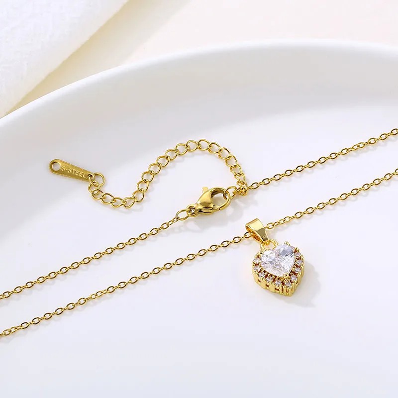 Elegant Heart Shape Stainless Steel Plating Inlay Zircon 18K Gold Plated Pendant Necklace_colorza_4