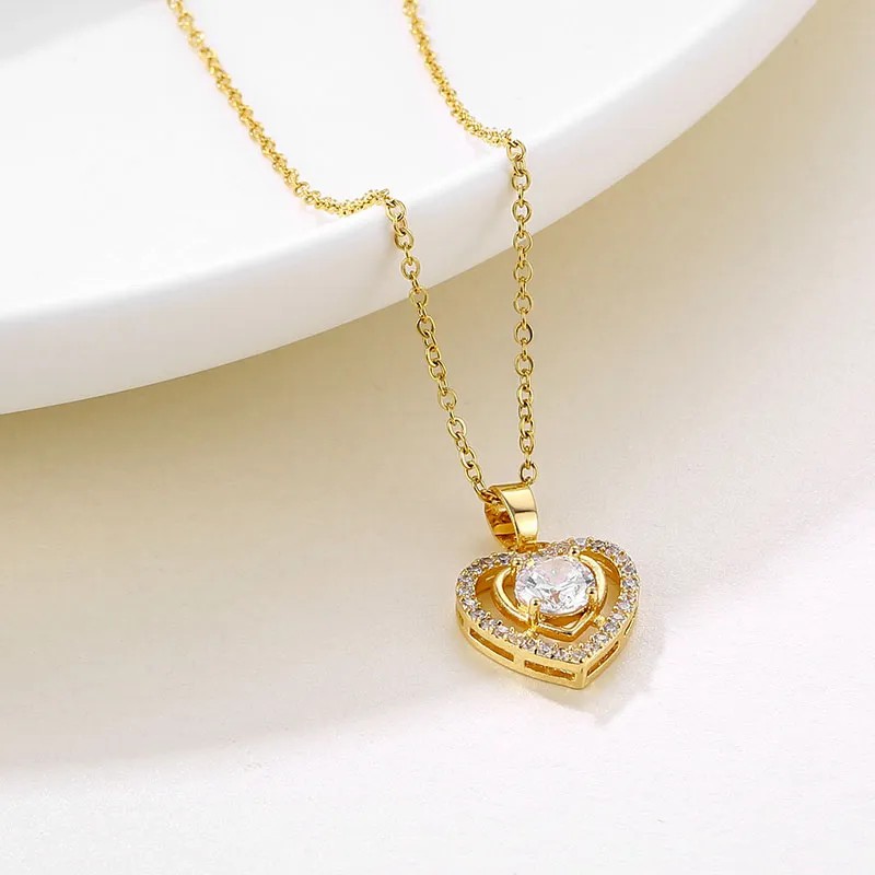 Elegant Heart Shape Stainless Steel Plating Hollow Out Inlay Zircon 18K Gold Plated Pendant Necklace_colorza_1